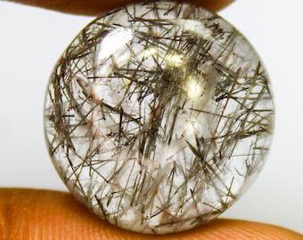 Black Rutile Quartz Cabochon: Round Shape Gemstone (11.70 Carats, 17x17x5 mm)