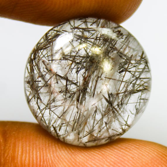 Black Rutile Quartz Cabochon: Round Shape Gemstone (11.70 Carats, 17x17x5 mm)