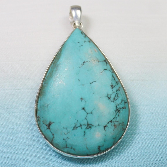 Natural Blue Turquoise Sterling Silver Pendant Necklace - No Birthstone