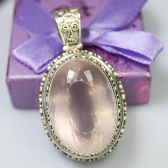 Natural Pink Rose Quartz Sterling Silver Pendant Necklace - October Birthstone