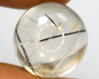 Black Rutile Quartz Cabochon: Round Shape Gemstone (12.60 Carats, 14x14x8 mm)