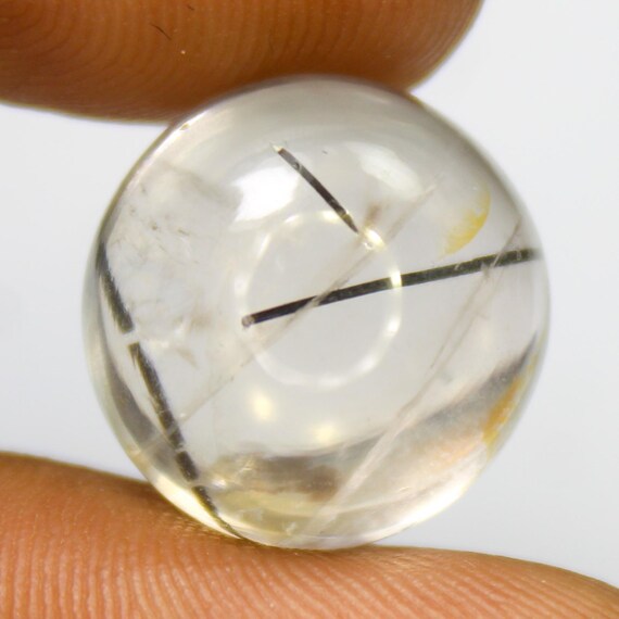 Black Rutile Quartz Cabochon: Round Shape Gemstone (12.60 Carats, 14x14x8 mm)