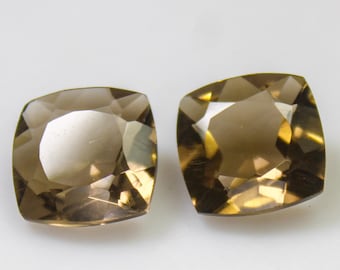 Faceted Cushion Cut Smoky Quartz Pair: 11.95 Carat Brown Gemstones