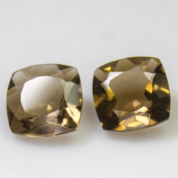 Faceted Cushion Cut Smoky Quartz Pair: 11.95 Carat Brown Gemstones