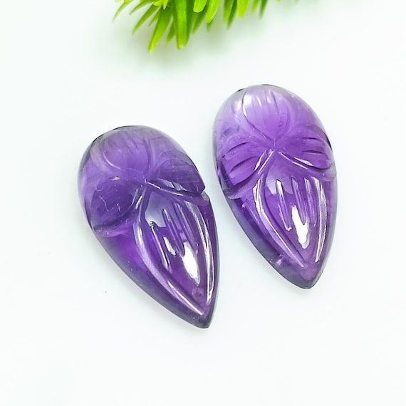 Handmade Amethyst Carving Pair: Polished Pear Leaves, 13.50 Cts