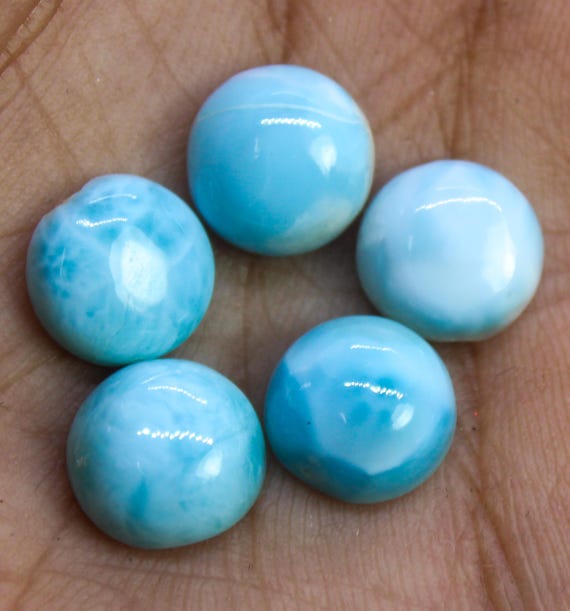 Natural Larimar Cabochon Gemstone 5 Pieces Lot: Round Jewelry Making Stones, 15.20 CTS (9x9x5 MM)
