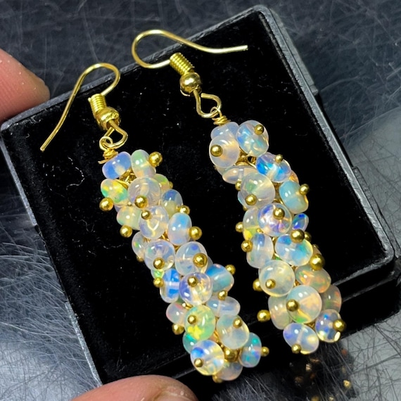 Gold Plated Sterling Silver White Opal Dangle Earrings