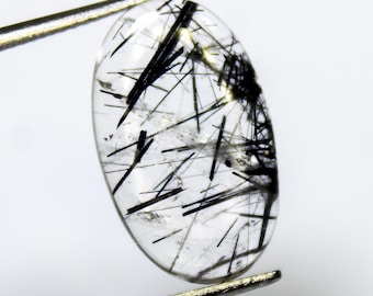 Black Rutile Quartz Cabochon: Oval Shape Gemstone (7.10 Carats, 20x11x3mm)