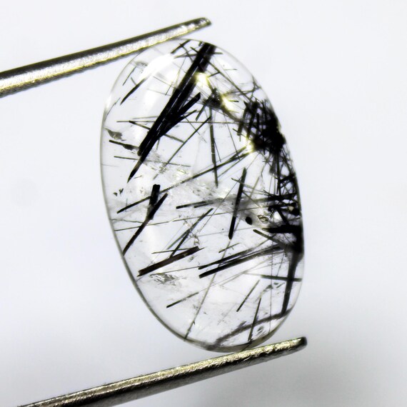 Black Rutile Quartz Cabochon: Oval Shape Gemstone (7.10 Carats, 20x11x3mm)