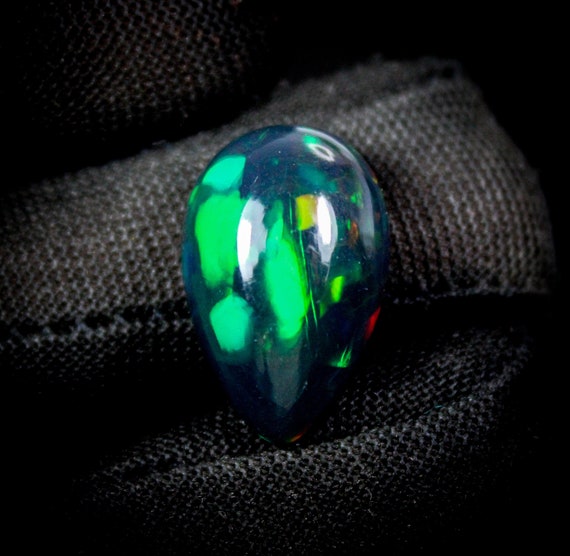 Pear Ethiopian Black Opal Cabochon Stone: Natural Green Fire, 9.30Cts