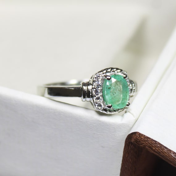 Natural Zambian Emerald Ring: Oval Cut, Sterling Silver, CZ Accents