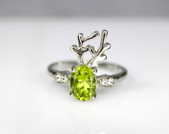 Natural Green Peridot Ring: Oval Sterling Silver Ring, US Size 7