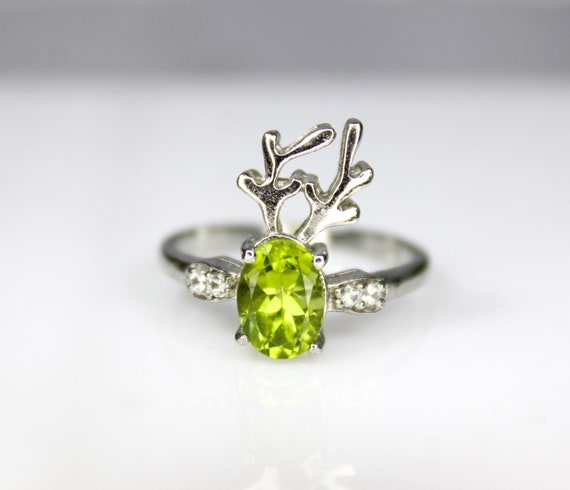 Natural Green Peridot Ring: Oval Sterling Silver Ring, US Size 7