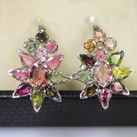 Natural Multi Tourmaline Vintage Studs With 925 Sterling 10.20 Grams October Birthstone