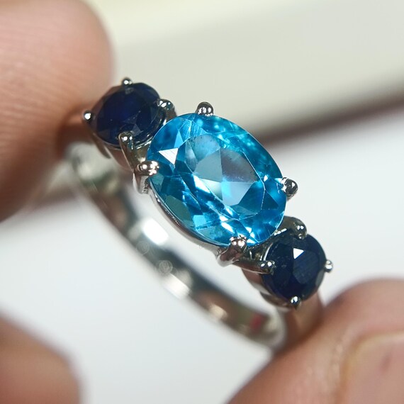 Natural Blue Topaz Ring: 925 Sterling Silver, Sapphire Side Stones