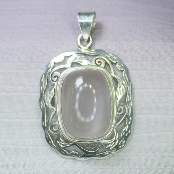 Natural Pink Rose Quartz Sterling Silver Pendant Necklace - October Birthstone