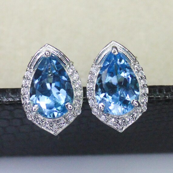 Natural Blue Topaz Vintage Studs With 925 Sterling 2.90 Grams December Birthstone