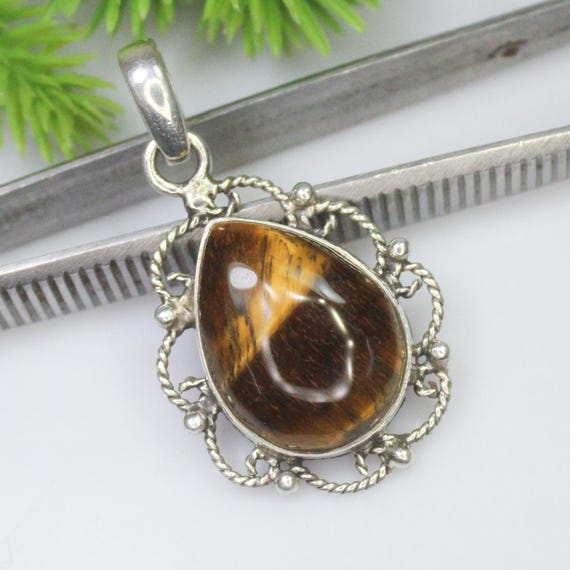 Natural Yellow Tiger Eye Sterling Silver Pendant April Necklace