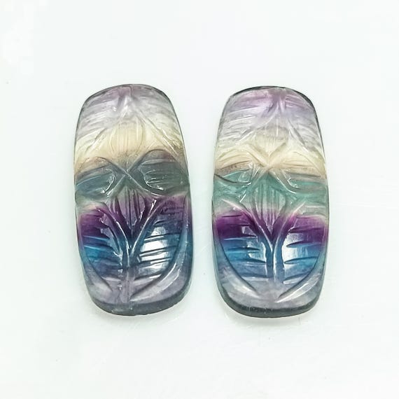 Handmade Carved Fluorite Gemstone Pair: Cushion Shape (26x12x6 MM)