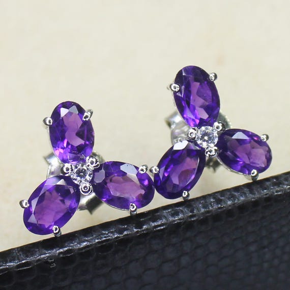 Natural Purple Amethyst Vintage Studs With 925 Sterling 2.28 Grams February Birthstone