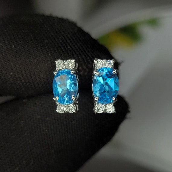 Natural Blue Topaz Sterling Silver Studs: Oval Gemstone Earrings