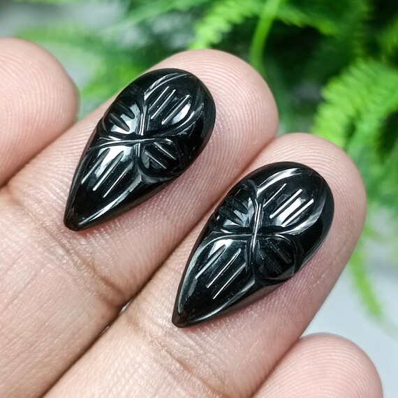 Black Onyx Flower Carvings: Pear Gemstone Pair (20x10x4 MM)