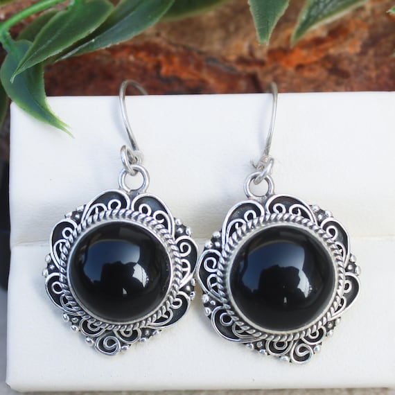 Natural Black Onyx Vintage Earring With 925 Sterling 7.50 Grams April Birthstone