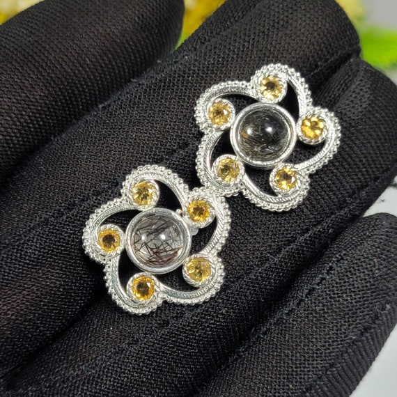 Sterling Silver Black Rutile Quartz Studs: Floral Gemstone Earrings