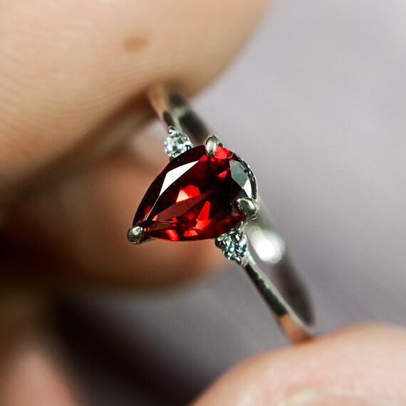 Pear Cut Red Garnet Ring: Sterling Silver & Cubic Zirconia