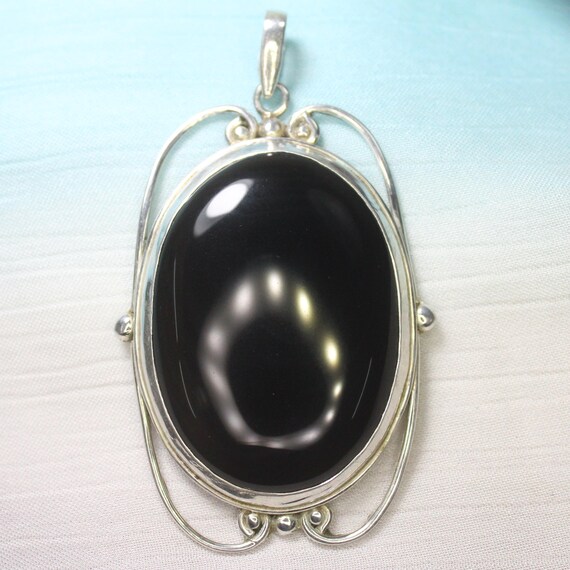 Natural Black Onyx Sterling Silver Pendant Necklace - July Birthstone