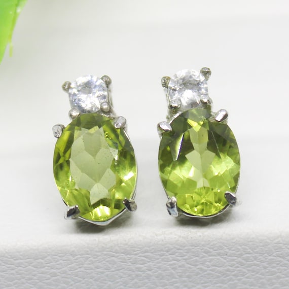 Handmade Sterling Silver Peridot Stud Earrings, Natural Gemstone