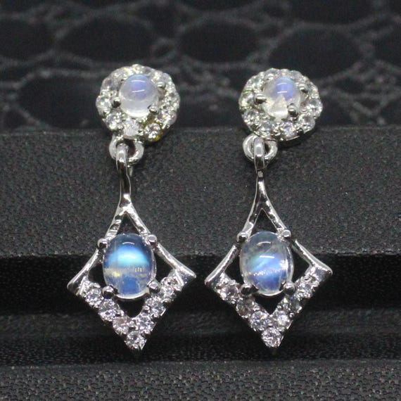 Rainbow Moonstone Sterling Silver Stud Earrings, Zircon Halo