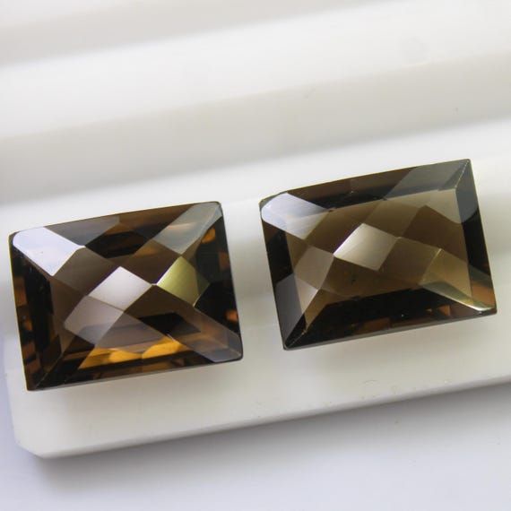 Faceted Cushion Cut Smoky Quartz Pair - 20.65 Carat (16x12x7 MM)