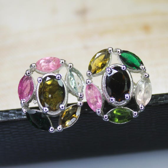 Natural Multi Tourmaline Vintage Studs With 925 Sterling 5.20 Grams October Birthstone