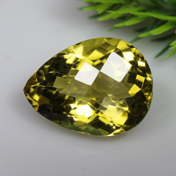 Natural Lemon Quartz: 13.00 CTS Pear Checkerboard Cut Gemstone (18X14X10 MM)