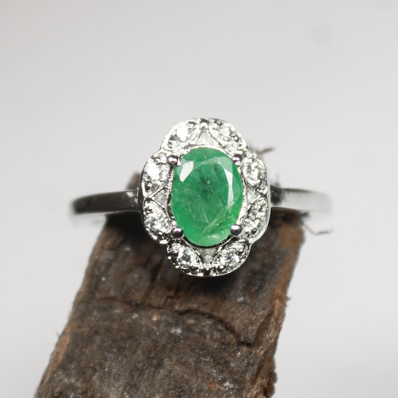 Natural Zambian Emerald Ring: Oval Cut, Sterling Silver & Cubic Zirconia