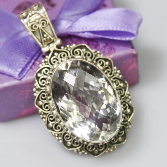 Natural White Crystal Sterling Silver Pendant Necklace - April Birthstone