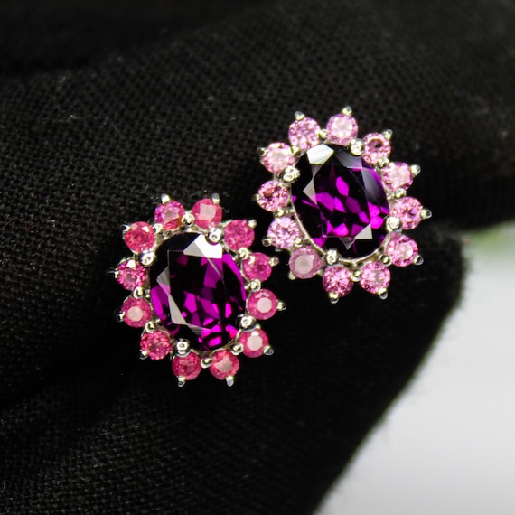 Oval Rhodolite Garnet Studs: .925 Sterling Silver, Natural Pink Gemstone