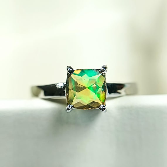 Natural Ethiopian Opal Ring: 925 Sterling Silver, Cushion Cut