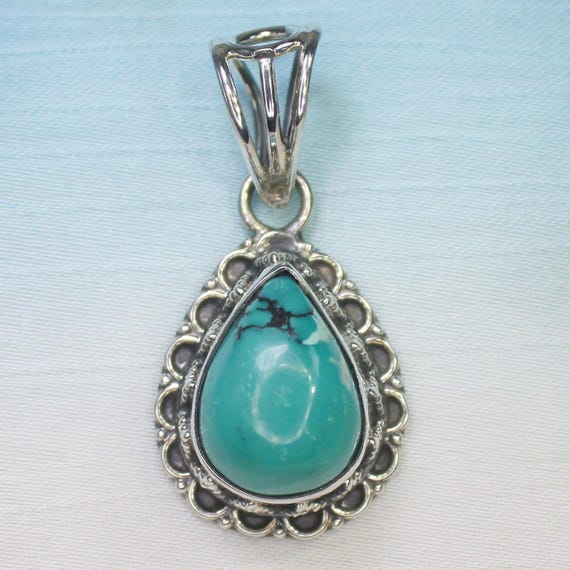 Natural Blue Turquoise Sterling Silver Pendant Necklace - No Birthstone