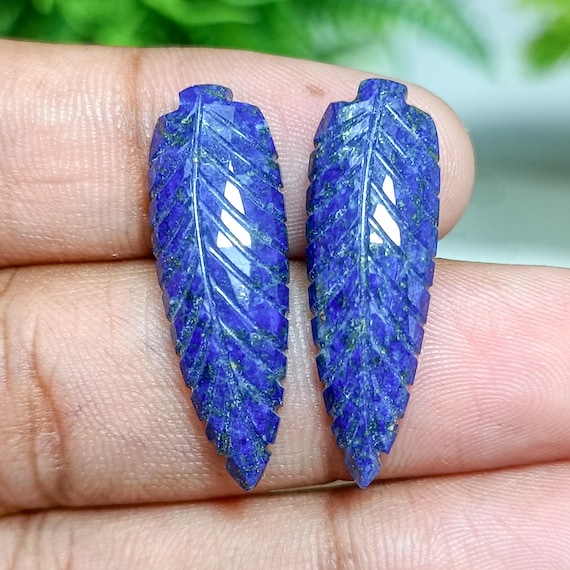 Lapis Lazuli Leaf Carving Pair: Handmade Gemstone Jewelry (31x10x5 MM)