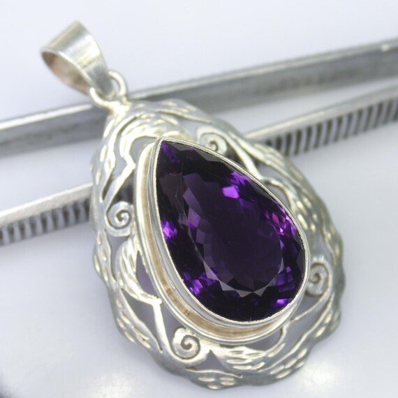 Natural Purple Amethyst Sterling Silver Pendant Necklace - February Birthstone