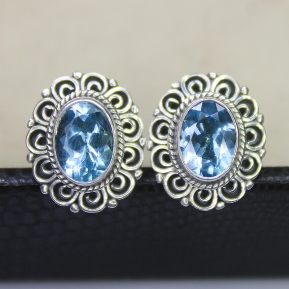 Natural Blue Topaz Vintage Studs With 925 Sterling 4.75 Grams December Birthstone