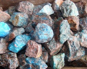 May include: A collection of rough, blue-green apatite crystals. The crystals have a variety of shapes and sizes, and some have a brown or reddish-brown color.