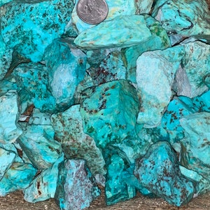 May include: A collection of turquoise stones in various sizes and shapes. The stones are a vibrant blue-green color with brown and black markings.