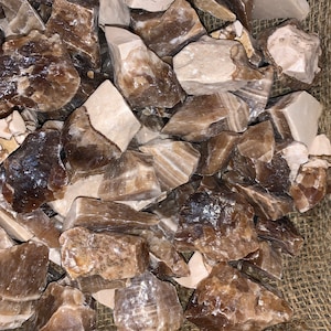 May include: A collection of brown and white selenite crystal chunks. The crystals are rough and have a natural, earthy look.