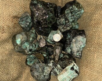 Puede incluir: Una colección de piedras de esmeralda en bruto de varios tamaños y formas. Las piedras son de color verde oscuro con inclusiones negras. Se incluye una moneda de 25 centavos de dólar estadounidense para la escala.