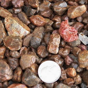 May include: A collection of various-sized, wet, brown and reddish-brown rocks and stones. A silver coin is visible among the rocks, providing a size reference. The rocks have a natural, earthy appearance.