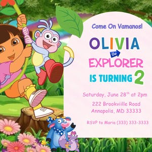 May include: A colorful invitation featuring Dora the Explorer and Boots. The invitation includes the text "OLIVIA the EXPLORER IS TURNING 2" and event details. The background is a cartoon forest scene with flowers and characters.