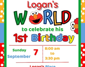 Op de afbeelding: Een kleurrijke verjaardagsuitnodiging met de tekst "Logan's WORLD" en "1st Birthday". De uitnodiging bevat de datum, tijd en locatie, met de RSVP-informatie. Het ontwerp bevat het nummer 123 en het personage Elmo.
